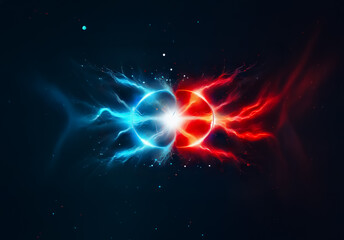 Poster - Vibrant spheres, one blue and red, dynamically collide, creating bright energy sparks on a dark cosmic background.