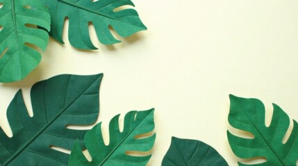Fototapete - Elegant Green Tropical Leaves on Pale Yellow Background, Perfect for Summer Designs and Projects