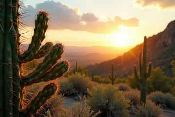 Wall Mural - Saguaro with buds and branches stretching towards sunlight, cactus, branches, landscape