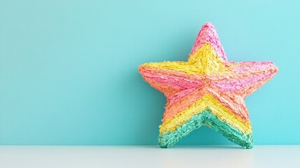 Pastel starfish on white surface, blue background; summer decor