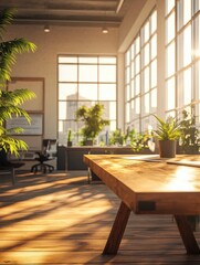 Poster - wooden table in sunny office with big windows