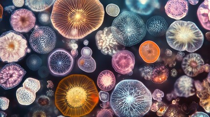 Poster - Microscopic Colorful Fungi Abstract Art Vibrant Nature Background Detailed Biology Science Illustration Diverse Shapes Intricate Patterns Beautiful   