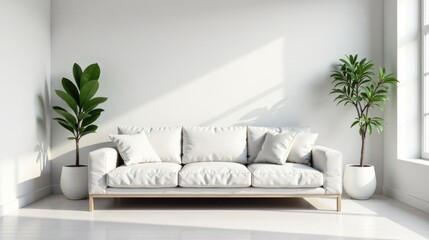 Aufkleber - Serene Minimalist Living Room Interior Design Featuring a Comfortable White Sofa and Lush Potted Plants, Bathed in Soft Sunlight