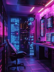 Poster - high-tech server room illuminated with vibrant led displays