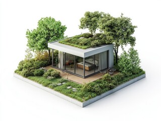 Wall Mural - a simple house with a terrace and garden on a small grass-covered planet, isolated on a white background