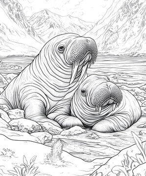 Black and white line art illustration of a walrus on white