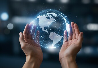 Poster - Man Holding Holographic Globe in His Hands