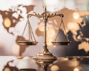 Poster - A golden balance scale symbolizing justice with a world map in the background. This image represents fairness, legal systems, and global justice with a blurred city backdrop.