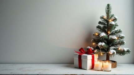 Aufkleber - A Festive Winter Scene Featuring a Small Decorated Tree, Gift, and Burning Candles on a White Table