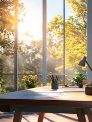 Poster - wooden table in sunny office with big windows