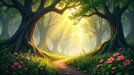 Aufkleber - Sunlit Path Through a Mystical Forest, Where Ancient Trees Frame a Serene Woodland Trail, Bathed in Golden Light and Adorned with Delicate Blossoms