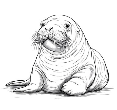 Black and white line art illustration of a walrus on white