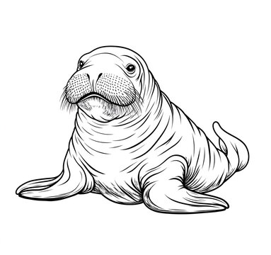 Black and white line art illustration of a walrus on white