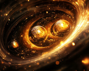 Poster - A swirling cosmic scene with glowing orbs and golden particles, representing the beauty of the universe, space exploration, and the mysteries of cosmic energy.
