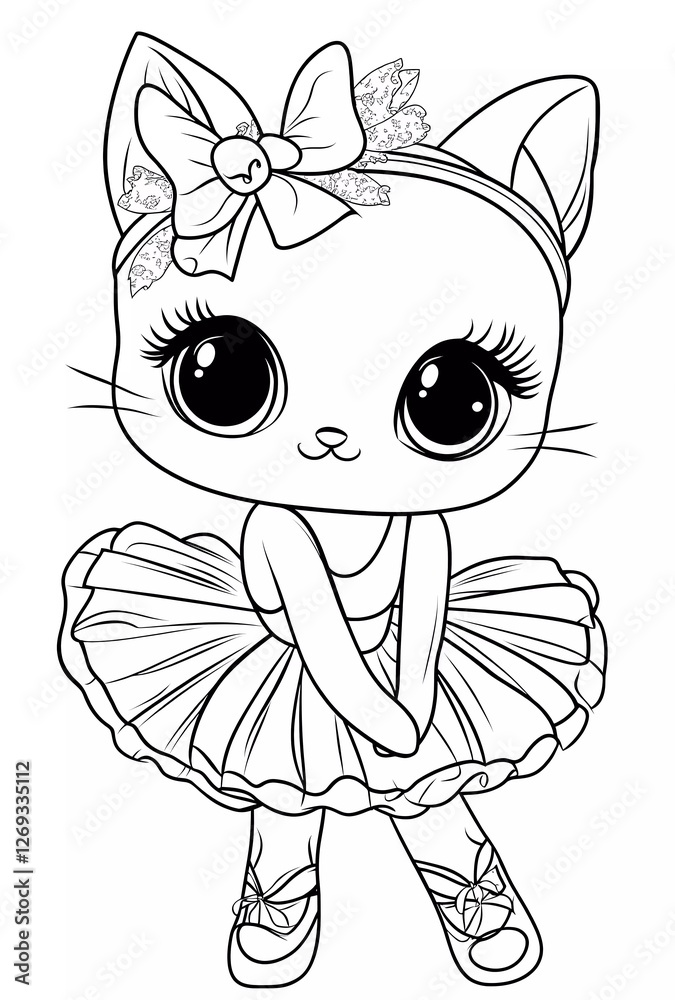 Cute, kawaii cat ballerina coloring pages for kids in black and white ...