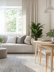 Wall Mural - Real photo of dining table standing in bright living room interior with carpet, sofa with pillows, fresh plants and window with curtains