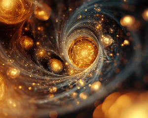 Poster - A swirling vortex of glowing golden spheres set in the cosmic universe, symbolizing energy, motion, and the mysterious beauty of space and interstellar phenomena.