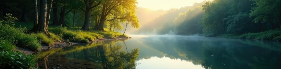 Wall Mural - Forest scene reflected on river surface with sunlight filtering through, rivers, forests, landscape