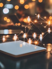 Poster - close up of notebook on desktop with creative glowing connected people icons on blurry background. p