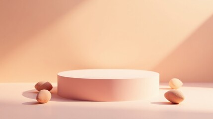 Leinwandbilder - Pastel-toned product display featuring a minimalist cylindrical platform and soft, rounded objects bathed in warm sunlight.