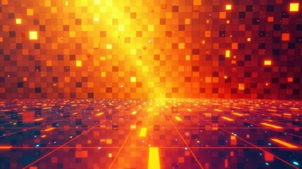 Poster - Abstract Orange and Red Grid Digital Landscape with Glowing Pixels
