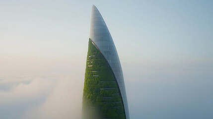 Poster - futuristic eco friendly skyscraper covered in vertical greenery rises above clouds