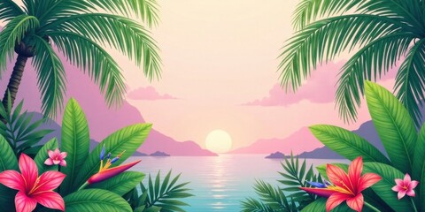 Poster - Serene Sunset Vista Lush Tropical Foliage Frames a Tranquil Ocean Scene at Dusk