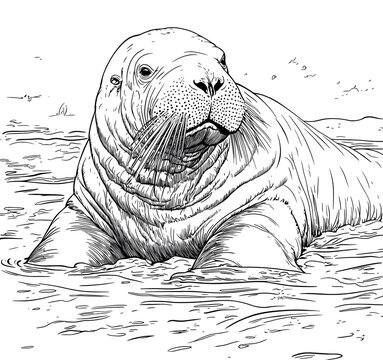 Black and white line art illustration of a walrus on white
