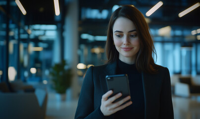 Poster - confident woman in modern office checks her smartphone, smiling softly