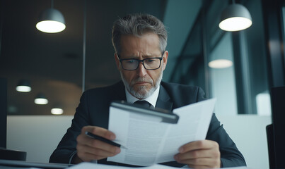 Poster - focused male lawyer in suit reviews documents in modern office setting