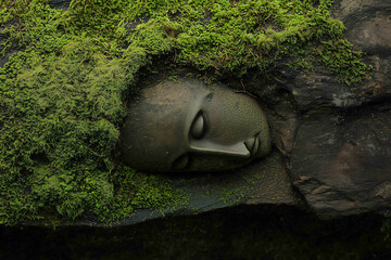 Poster - serene stone face partially covered in lush green moss, blending with nature