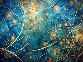 Wall Mural - Vintage Blue Gold Space Wallpaper: Abstract Cosmic Art with Whimsical Lines