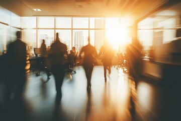Poster - Business People in Motion During Sunrise in Modern Office Space