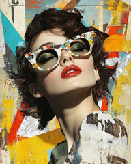 Aufkleber - woman in stylish sunglasses poses against vibrant pop art background