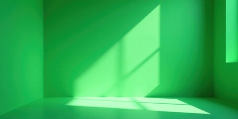 Poster - Bright Green Room Interior with Sunlight Streaming Through a Window Illuminating the Empty Space