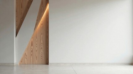 Aufkleber - Modern Minimalist Interior Design with Wood and White Accents, Illuminated Wall Panel, and Neutral Flooring