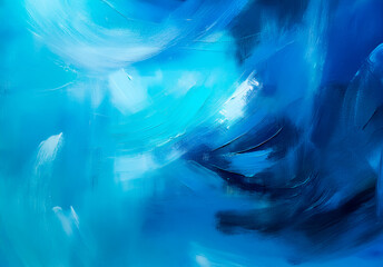 Poster - Abstract painting features dynamic blue brushstrokes creating a fluid and swirling composition. Shades of blue evoke depth and movement within the textured canvas.