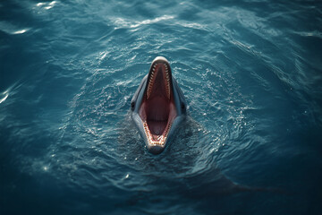 open-mouthed dolphin surfacing in blue ocean waters