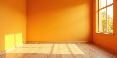 Poster - Bright Sunlight Illuminates an Empty Room with Cheerful Orange Walls and Light Wood Flooring