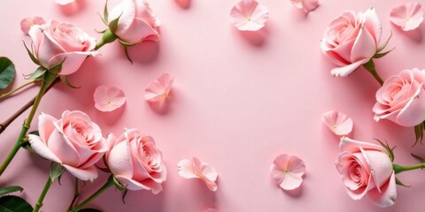 Poster - A Delicate Arrangement of Pink Roses and Petals on a Soft Pink Background, Perfect for a Romantic or Feminine Design