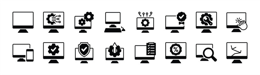 Computer monitor device technology icon vector set. Containing settings, display, touch screen, guarantee, repair, mobile, protection, discount, search, specification, list, upgrade
