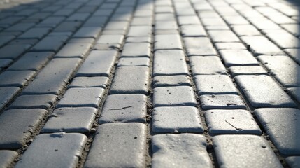 Poster - A sunlit perspective of a pavement composed of rectangular stones, showcasing the subtle textures and variations in the paving material