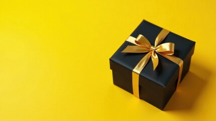 Poster - A Sophisticated Black Gift Box with a Golden Ribbon on a Vibrant Yellow Background