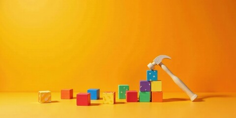 Poster - Colorful Blocks and Small Hammer on Vibrant Yellow Background A Conceptual Image of Construction and Growth