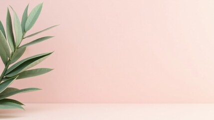 Aufkleber - A Gentle Branch of Lush Green Leaves Against a Soft Pink Background, Creating a Serene and Minimalist Scene Ideal for Various Applications