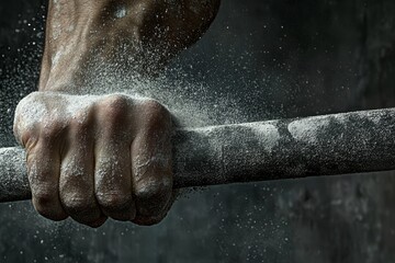 Close-Up of Hand Gripping Weightlifting Bar with Chalk Dust