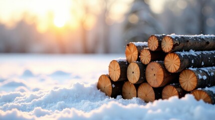Aufkleber - Winter Sunset Log Pile in Snowy Landscape A Serene Scene of Nature's Beauty