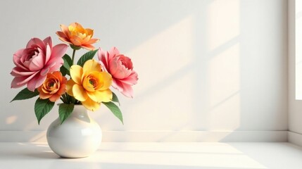 Aufkleber - Sunlit Bouquet of Delicate Peach and Yellow Flowers in a Simple White Vase on a Brightly Lit Surface