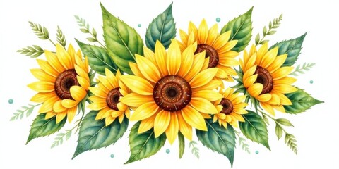 Poster - Vibrant Watercolor Sunflowers and Greenery Arrangement Featuring a Lush Composition of Golden Petals and Verdant Foliage, Perfect for Decorative Purposes