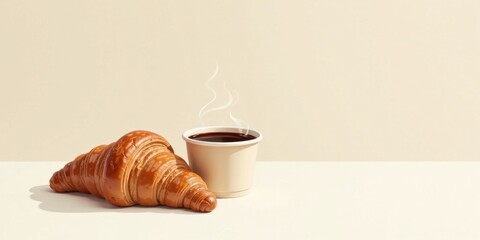 Poster - A warm cup of coffee with steam rising and a freshly baked croissant on a minimalist surface